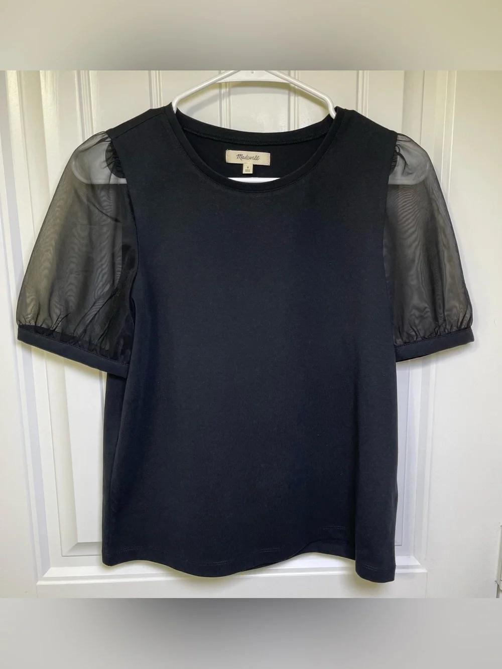 Madewell Black Sheer Puff Mesh Sleeve Crewneck Tee Top Knit Blouse Size Small